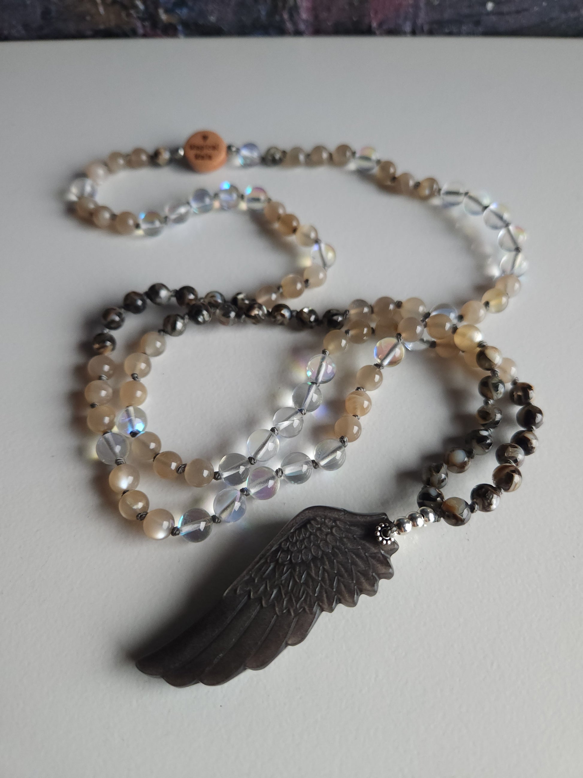 Angel Cloud Mala, Magical Mala, 108 Handmade Mala, Gray Agate, Gray Moonstone, Abalone, Vibe Glass, Obsidian Jewelry Magical Mala   