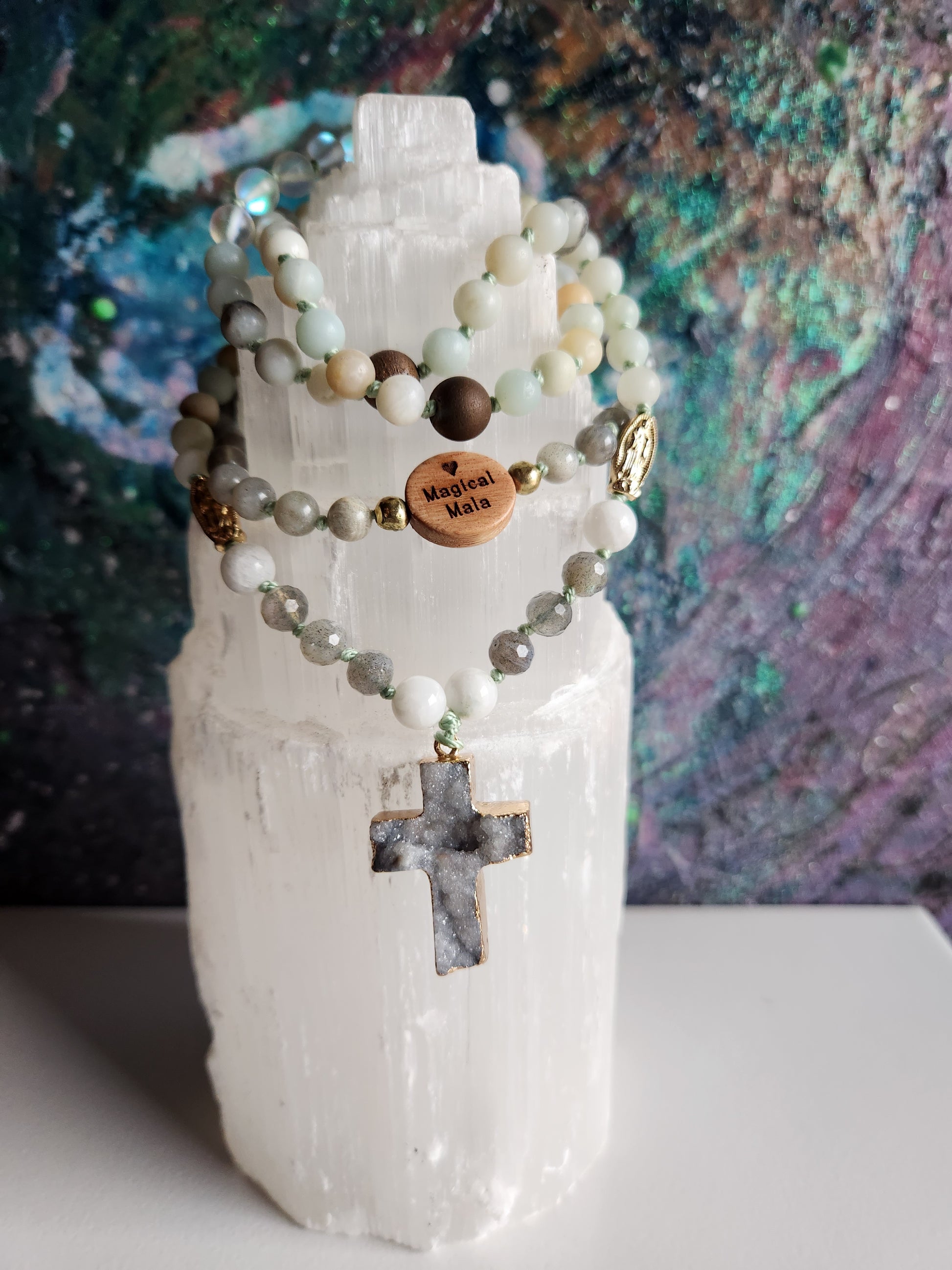 Illumination Rosary, Magical Mala, 108 Handmade Rosary, Moonstone, Labradorite, Magnesite, Agate and Picasso Stone Jewelry Magical Mala   